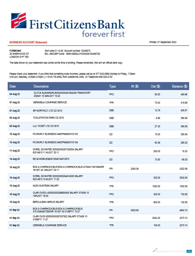 Download First Citizens Bank business statement Word and PDF template Photoshop template